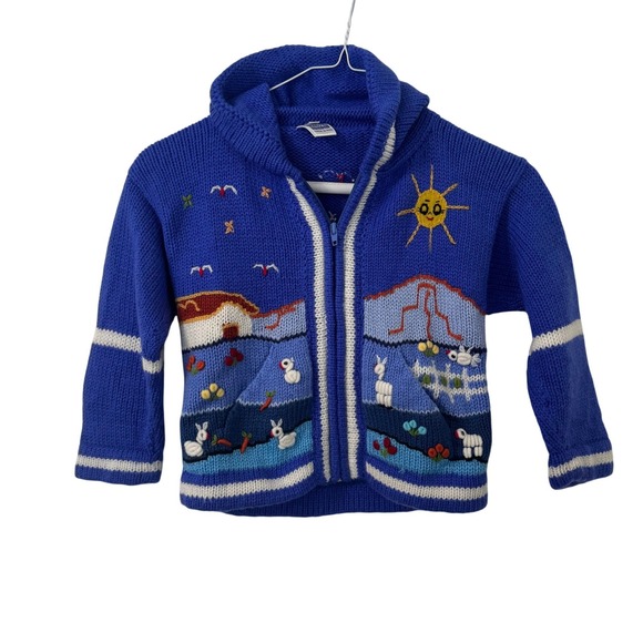 Waco's Other - Waco's Kids Cotton Hooded Zip Sweater Size 4 Purple Hand Knit‎ Landscape Boho